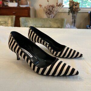 Manolo Blahnik Black & White Striped Calf Hair Pointed Toe Heels
